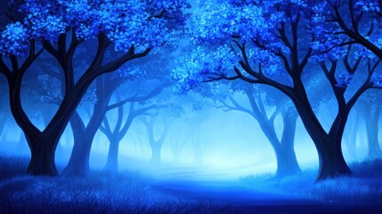 A mystical forest shrouded in blue light, featuring ethereal trees and a foggy atmosphere, creating a serene and enchanting scene.