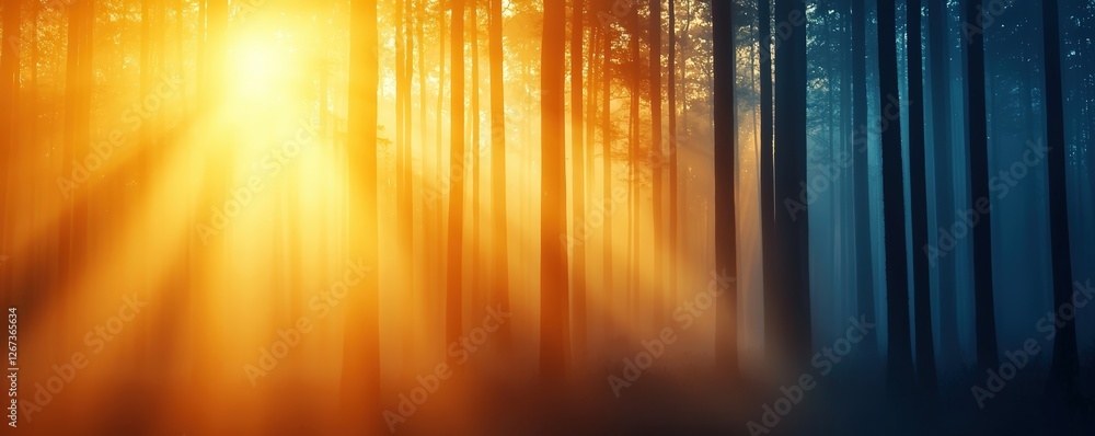 Poster a serene forest scene illuminated by warm sunlight, casting golden rays through tall trees, creating