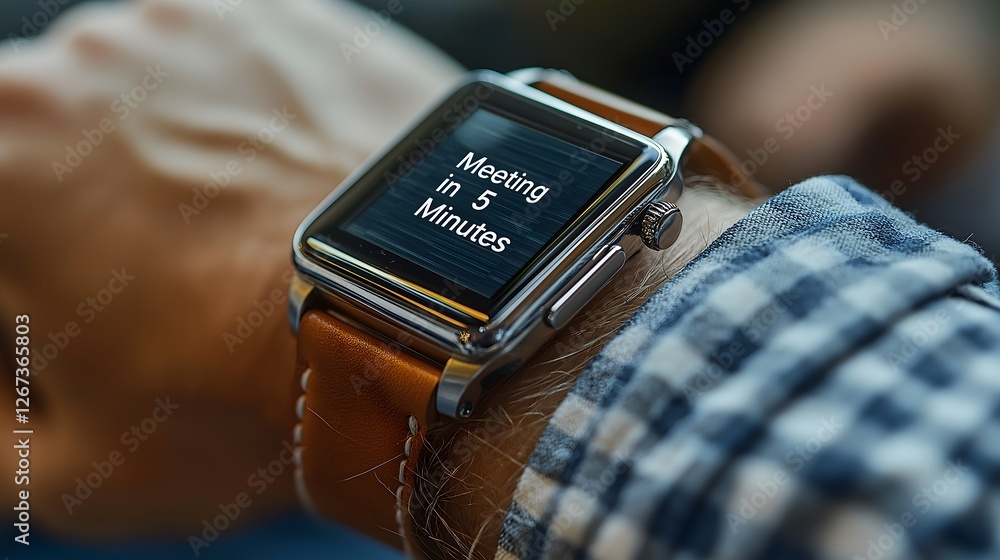 Poster modern smartwatch technology interface with digital display screen showing activity text on leather 