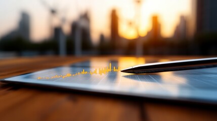 Digital Pen on Graph Paper Under Sunset with City Skyline in Background for Financial and Business Concepts