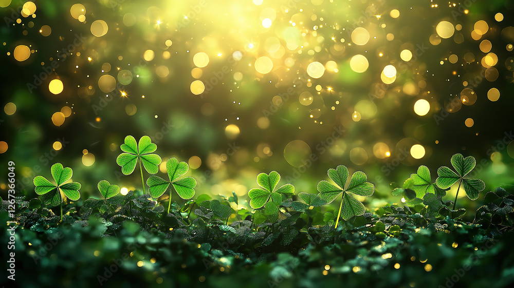 Poster golden bokeh and shining clover shamrocks creating a festive st. patrick's day background design