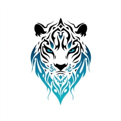 Fototapeta premium Tiger face design with blue flames and tribal pattern, suitable for tattoo or branding