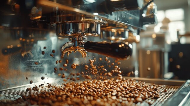 High-Quality Coffee Being Brewed in a Modern Espresso Machine with Fresh Beans in Focus