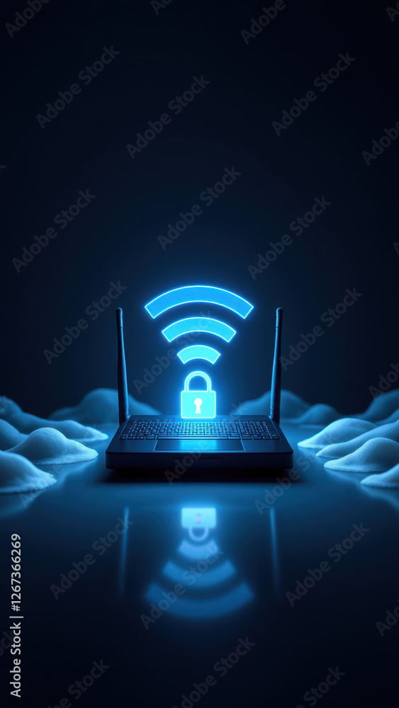 Poster cybersecurity - laptop with glowing lock and wifi symbol on dark surface, surrounded by clouds.