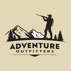 Obraz premium vintage logo design, adventure outfitters, silhouette of hunter with rifle, mountain range backdrop, pine trees, beige background, minimalist illustration,