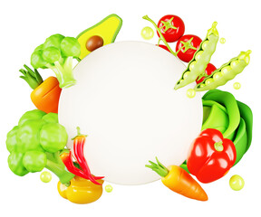 3d Vegetable circle frame isolated on transparent background. Summer advertising banner with border of fresh organic food. Blank round white poster for supermarket, farmers market. 3D illustration