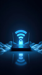 Cybersecurity - laptop with glowing lock and WiFi symbol on dark surface, surrounded by clouds.