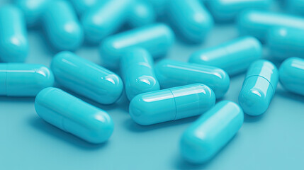 A close-up of vibrant blue capsules scattered on a surface, showcasing their smooth texture and uniform shape.