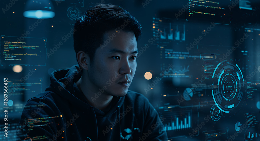 Poster hacker envisioning cyber security, code & future tech. a techie immersed in data, ai & innovation!
