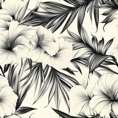 Modern black and white hibiscus pattern with intricate details. Seamless background, wallpaper tile