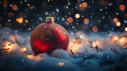 A red Christmas ornament with golden glitter on it, sitting in snow surrounded by lights. The background is dark and blurred, 