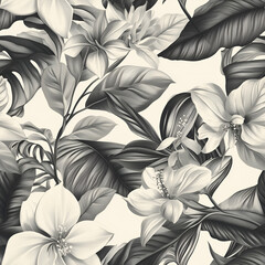 Seamless tropical floral pattern with elegant black and white aesthetics