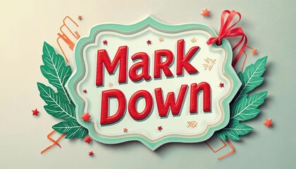 Colorful promotional banner featuring the words 'Mark Down' with decorative elements and leaves
