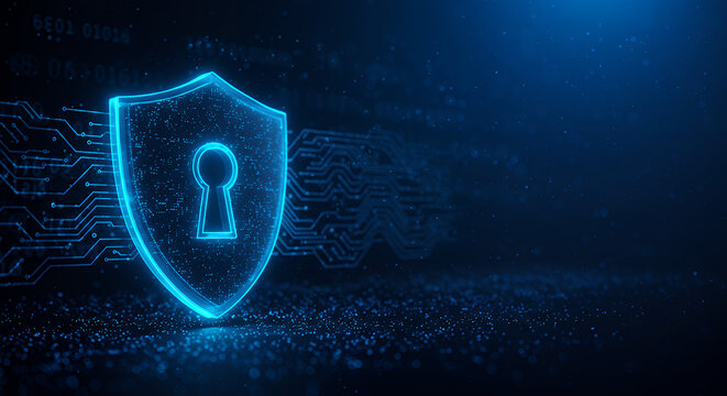 Cyber Security Shield: Digital Protection with Keyhole Lock, Data Privacy, Encryption Technology, & Internet Safety Illustration