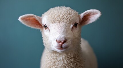 Naklejka premium Adorable Fluffy Lamb White Sheep Portrait Farm Animal Closeup Cute Young Sheep