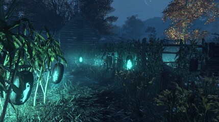Illuminated path through cornfield at night with glowing pumpkins, rustic house in background