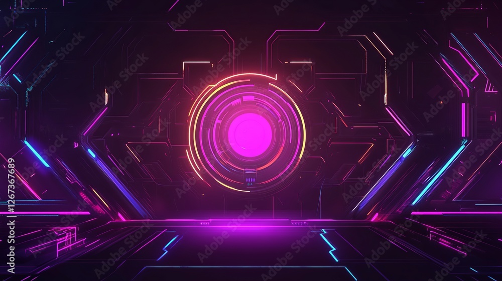 Poster abstract digital background with glowing neon lines and cyberpunk elements