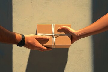 Close up of hands delivering cardboard boxes to recipients during courier service