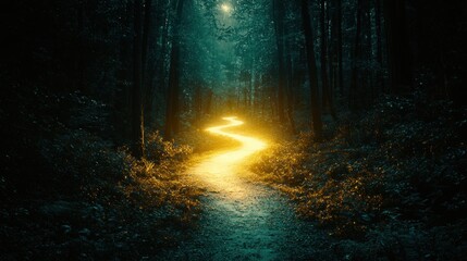 Obraz premium Glowing forest path at night, mystical atmosphere, for fantasy projects
