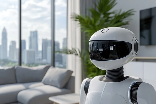 Friendly domestic robot assistant carrying out household chores in a modern living room