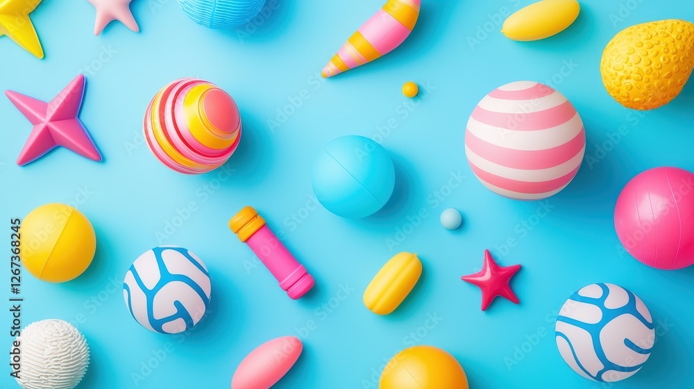 Poster a colorful assortment of spherical and star-shaped objects on a bright blue background, creating a p