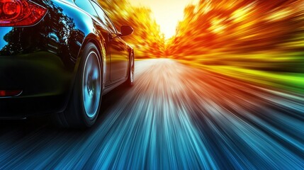 Black car speeds down country road at sunset