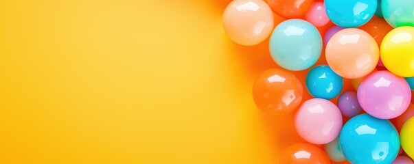Colorful balloons scattered on a vibrant yellow background, creating a cheerful and festive atmosphere.