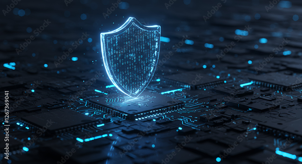 Poster cyber security shield: digital data protection on tech circuit board. secure network, encryption, pr