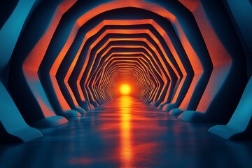 Futuristic hexagonal tunnel illuminated by vibrant orange and blue lights, leading to a glowing horizon