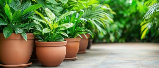 Fototapeta premium Lush Green Indoor Plants in Terracotta Pots with Natural Light