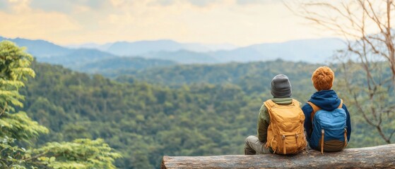 Two Children Watching Scenic Mountain View at Sunset in Nature