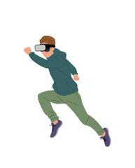 Young man in virtual reality headset running side view. Guy in casual clothes wearing digital glasses travel in metaverse. Modern technologies. Flat Vector illustration isolated 