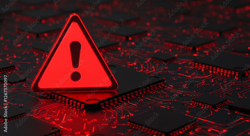 Poster ** cybersecurity alert: red warning on circuit board - system error, vulnerability detected, technol