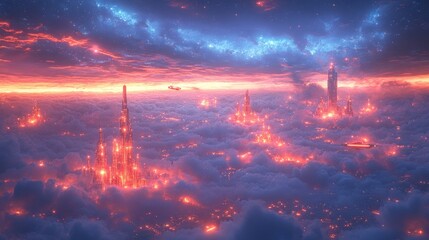 Floating City Sunset Skies - Aerial View - Sci-Fi Fantasy