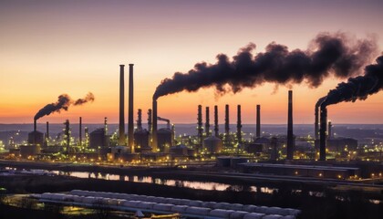 Industrial Skyline at Sunset with Smokestacks Emitting Dark Smoke Over a Reflective Water Surface in an Urban Environment