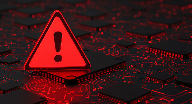 ** Cybersecurity Alert: Red Warning on Circuit Board - System Error, Vulnerability Detected, Technology Issue