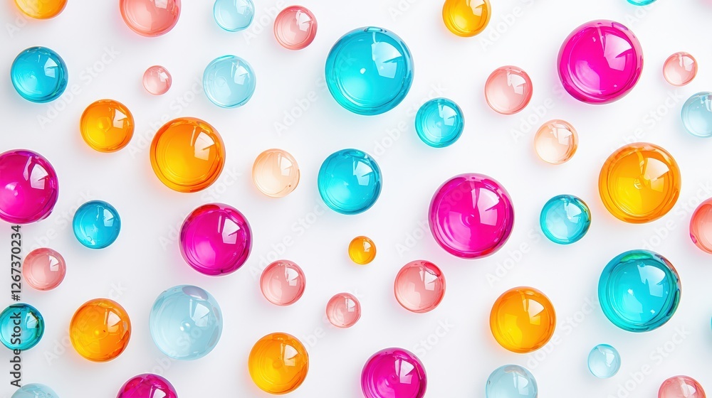 Poster colorful, translucent bubbles float on a white background, creating a vibrant and playful visual eff
