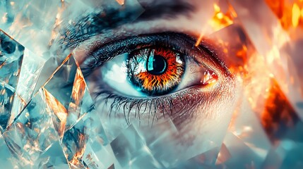 Close-up of a human eye with shattered glass and fire effects.
