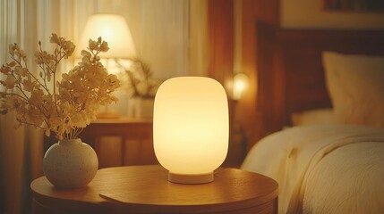 Glowing lamp on nightstand in cozy bedroom with soft lighting