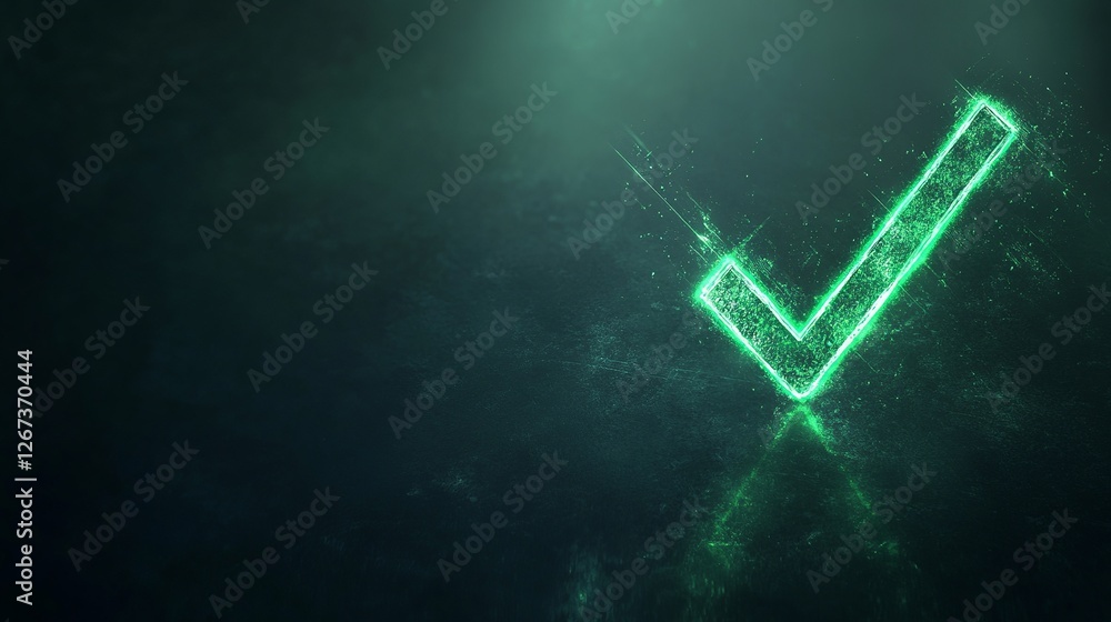 Poster illustration of a glowing green check mark on dark background. digital background in selection or ap