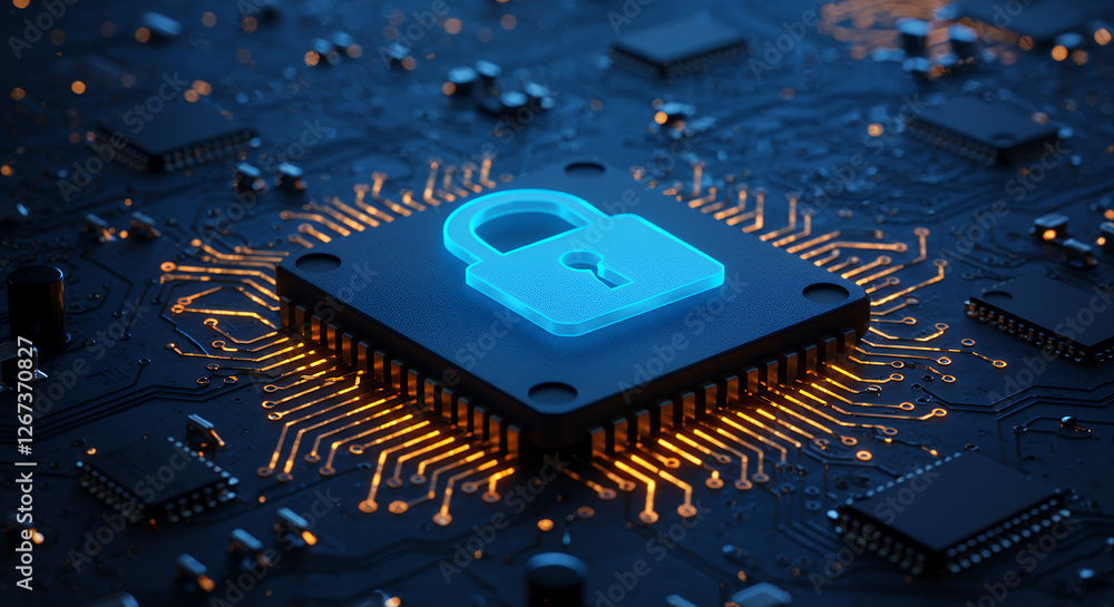 Poster secure tech: cybersecurity lock on microchip, data protection, & digital safety on circuit board. in