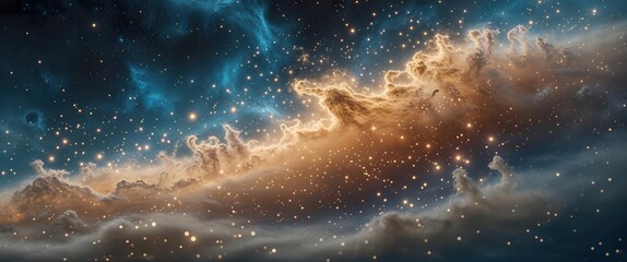 Obraz premium Swirling clouds of color and light form a spectacular cosmic backdrop filled with twinkling particles. This dynamic scene captures the beauty of the universe in vibrant hues