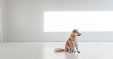 A red-haired Shiba Inu sits in a bright room, looks to the right