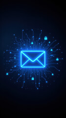 A digital illustration showing a secure email icon surrounded by cybernetic circuitry, representing Internet security.