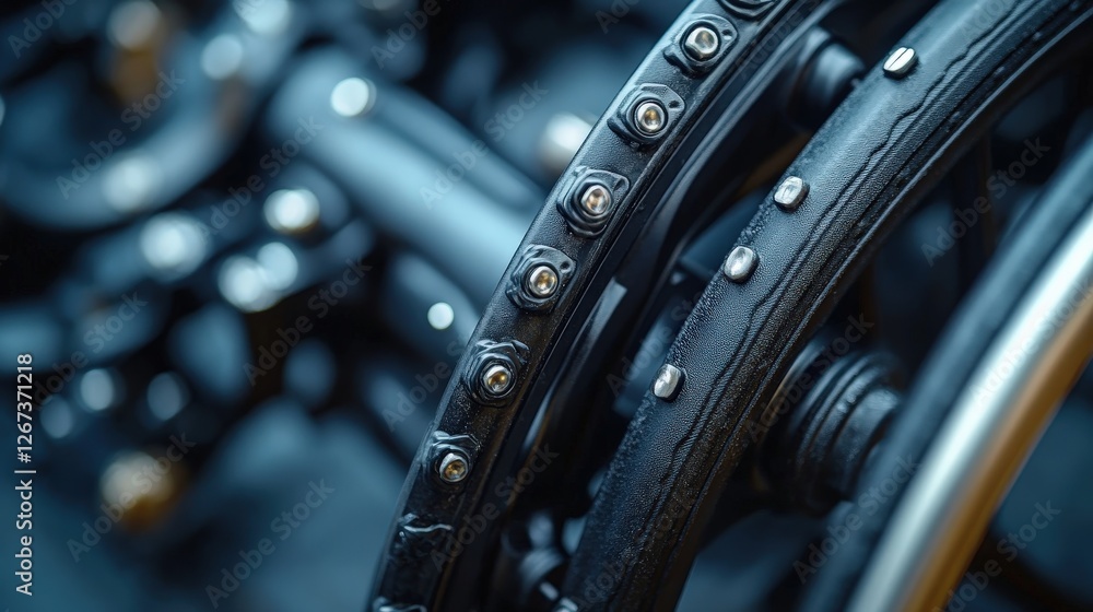 Poster close-up view of motorcycle wheels showcasing intricate details and mechanics in a workshop setting