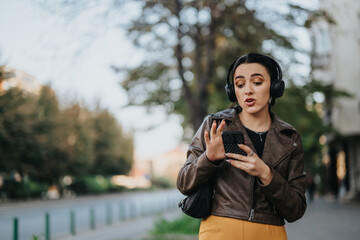 A woman with a curious facial expression is using her phone while wearing headphones outdoors. Surrounded by an urban background, her engaging expression highlights connection and communication.