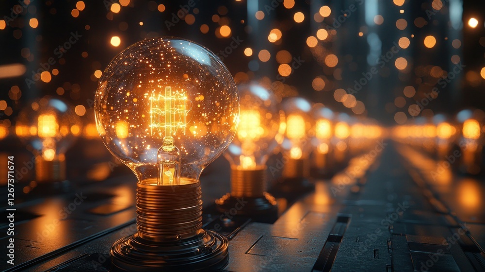 Poster glowing lightbulbs on a dark surface with bokeh background