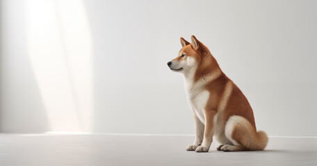 A red-haired Shiba Inu sits in a bright room, looks to the left