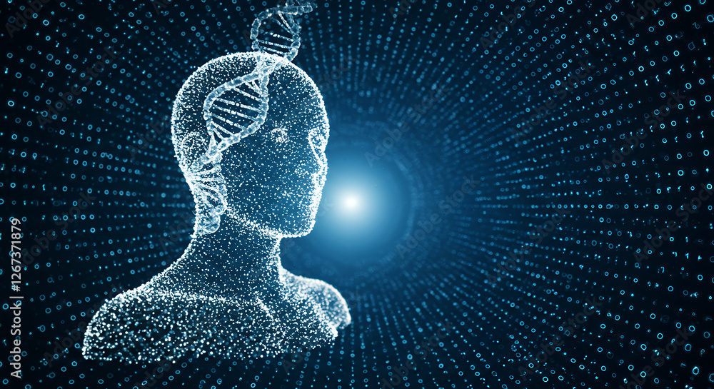 Poster digital dna: ai humanoid & binary code - exploring the future of biotechnology, tech innovation, & g