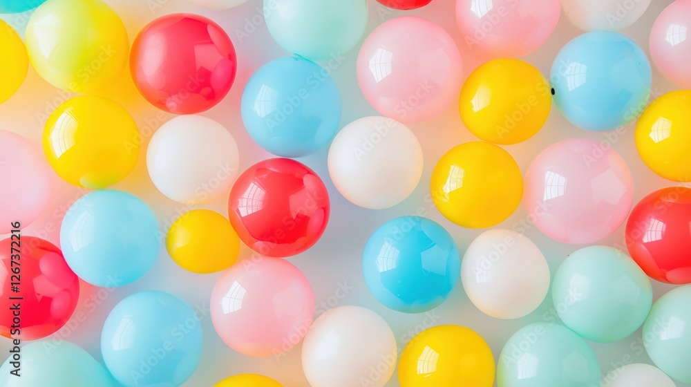 Poster a vibrant collection of colorful balls in various hues, creating a playful and cheerful atmosphere.